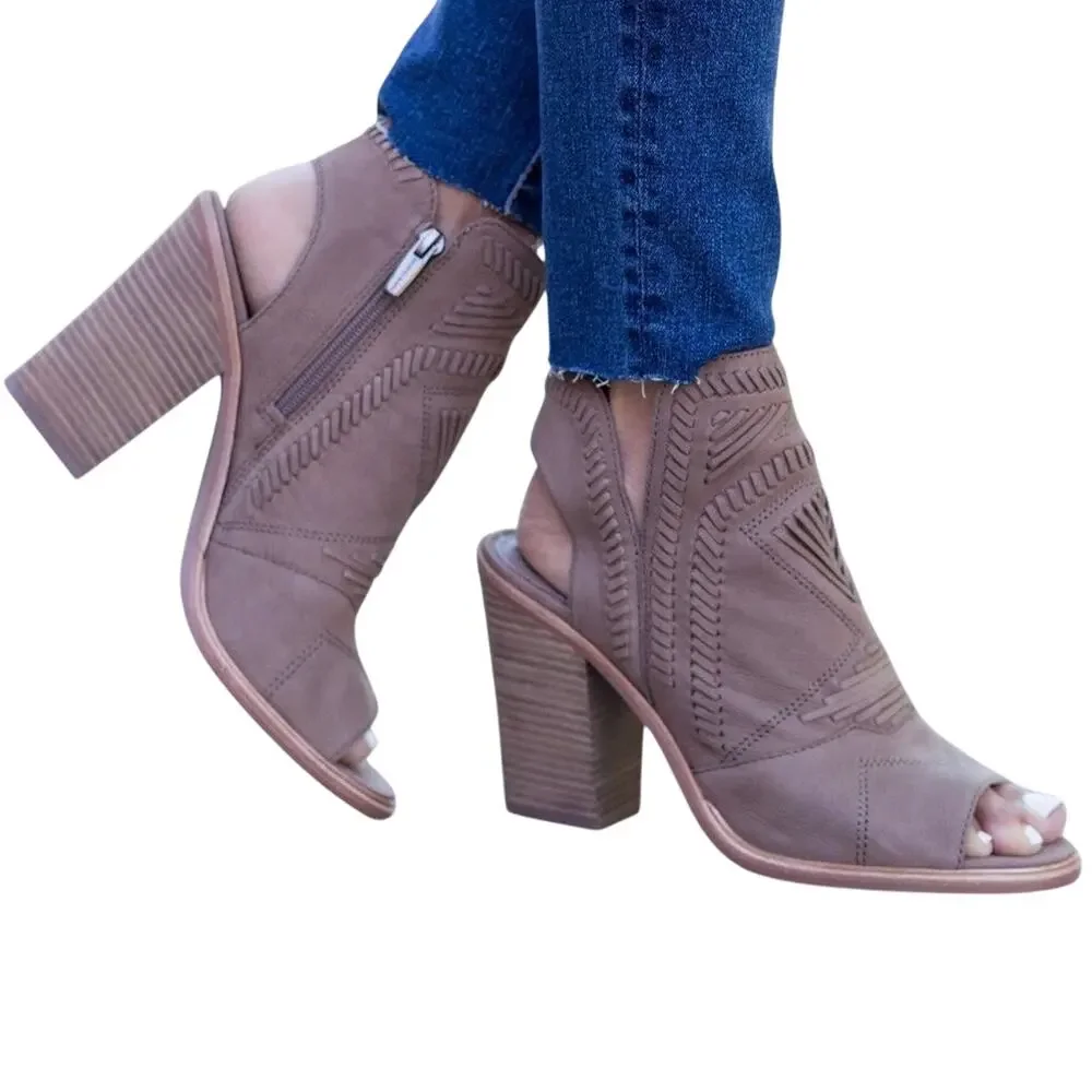 Vince Camuto Karinta Brown Grey Leather Open Toe Heeled Shoes Size 8.5